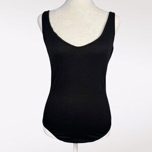 Black Ribbed Knit Bodysuit V-Neck Stretch Tank Small